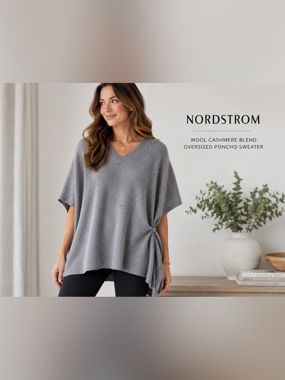 Nordstrom Gray Wool Cashmere Poncho Sweater One Sz Oversized Knit Cape Wrap NWT